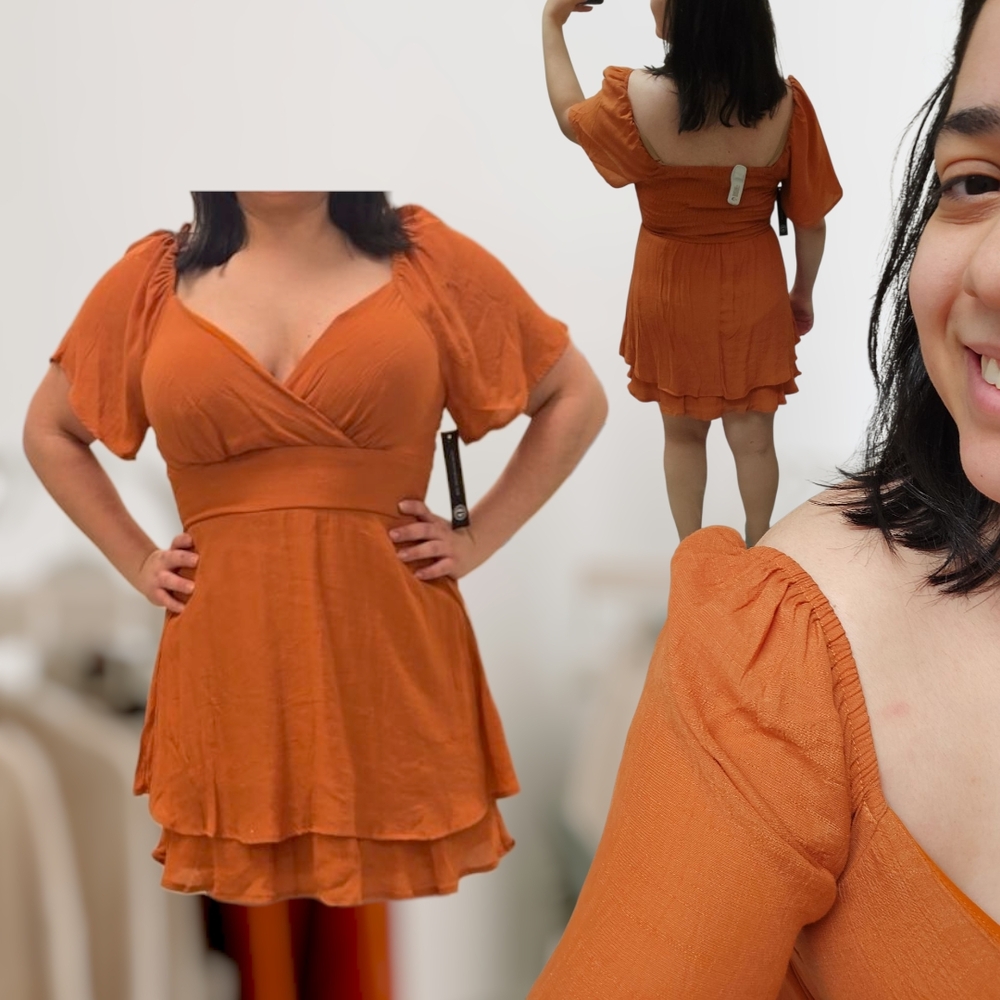 Orange Flutter Sleeve Sweetheart Midi Dress